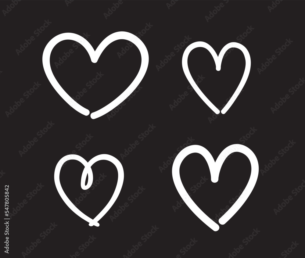 White heart on isolated black background. Outlined hand drawn hearts for banner, flyer or poster. Elements on a chalkboard. Black and white illustration