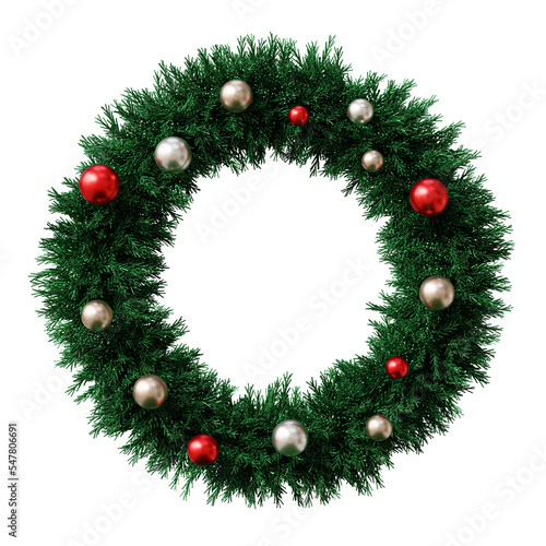 Baubles and Christmas wreath, holidays card, 3d render