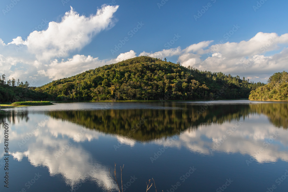 a beautiful view of a mountain with trees and a sky with clouds reflected in a lake