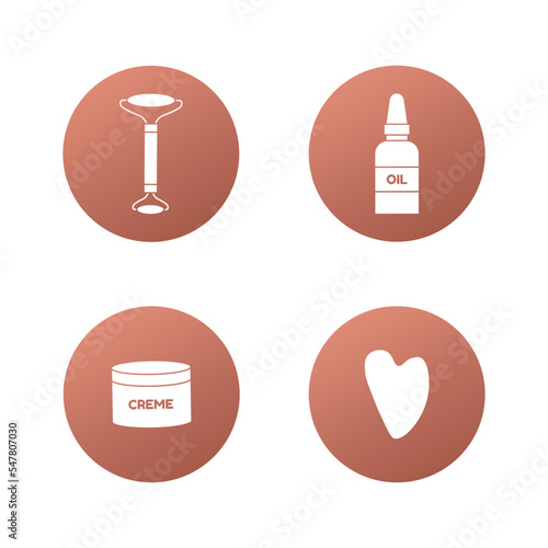 Facial massage tools circular icon set, gua sha roller concept, jade stone treatment vector icons, anti-aging tools emblems, cosmetic oil, creme symbols isolated on white background