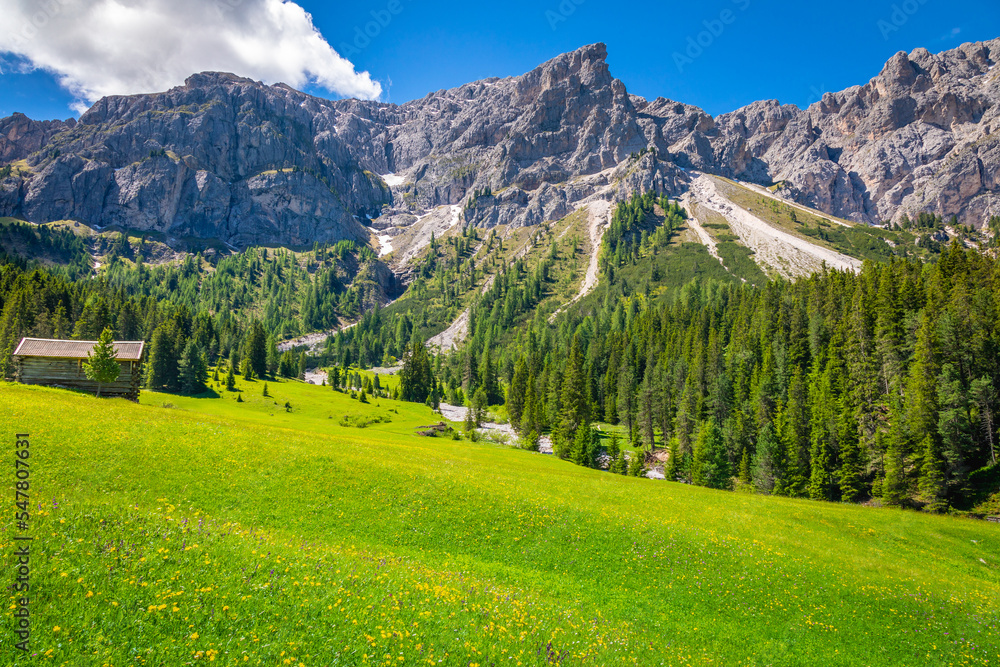 Idyllic Alpine landscape near St Magdalena, Val di Funes, Dolomites alps, Italy