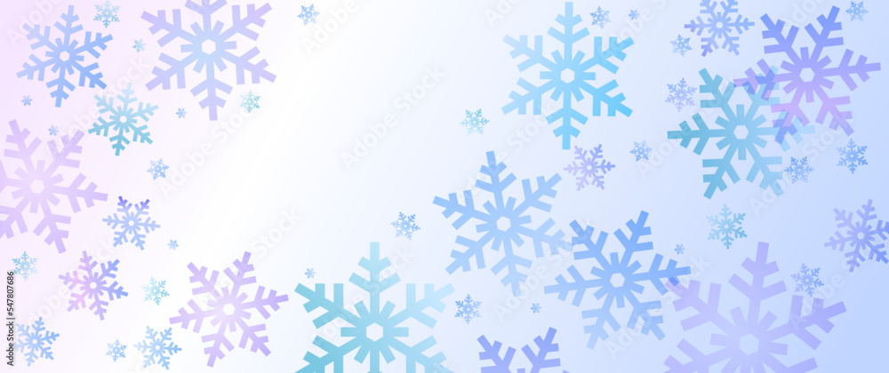 Christmas vector art background with blue and pink snowflakes for cards. Gradient template for flyer, poster, banner. Merry Christmas! Happy New Year! Winter backdrop.
