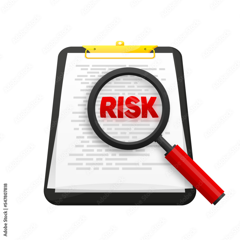 Risk Word Magnifying Glass on black clipboard on white background. Risk Management icon. Vector illustration. Risk Word Magnifying Glass on black clipboard on white background. Risk Management icon. Vector illustration.