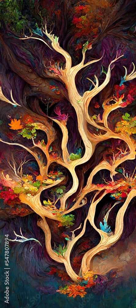 Fototapeta premium Abstract magical fantasy woods - vibrant autumn fall colors, misty fog and sacred old towering fantasy trees in strange and unusual curvy shapes.