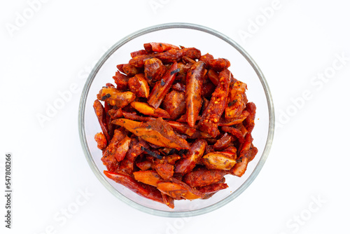 Fried Chili, Spicy snack on white background.