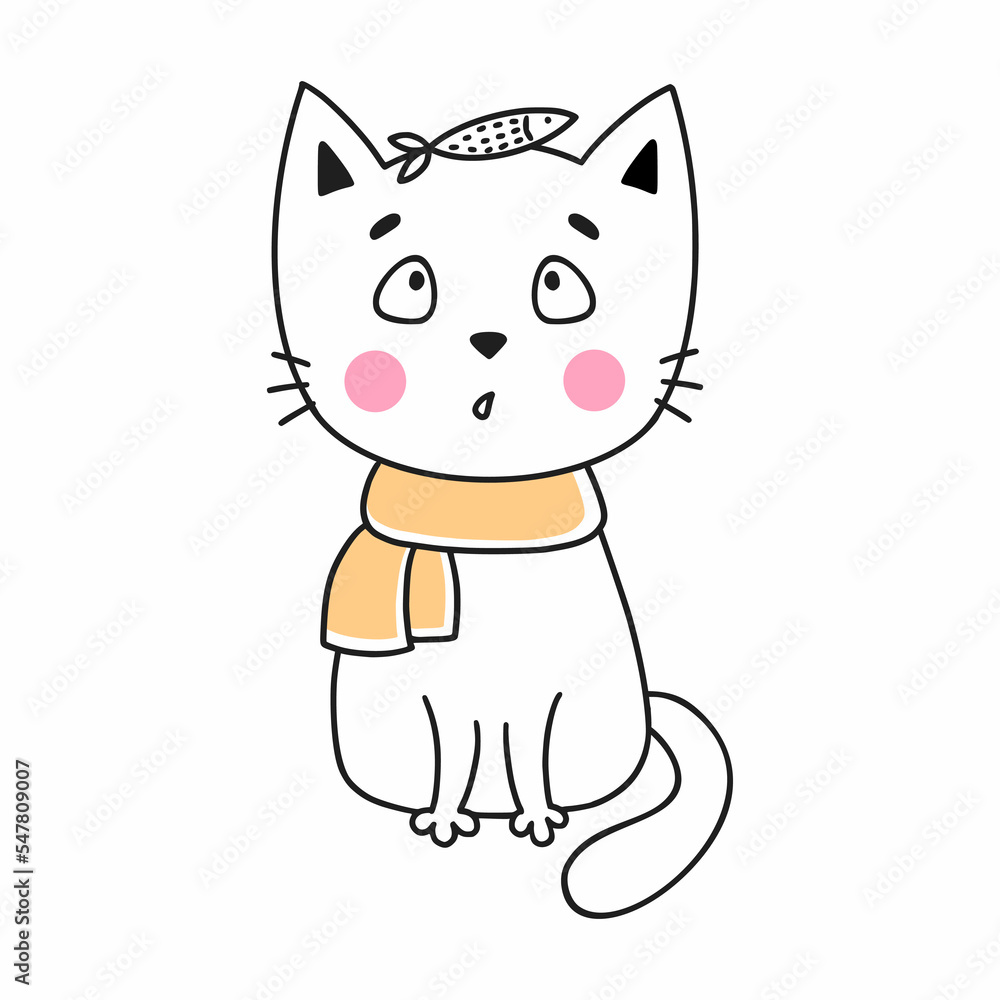 Obraz premium Cute doodle cat and fish. Hand drawn illustration. Character for kid. Sticker.