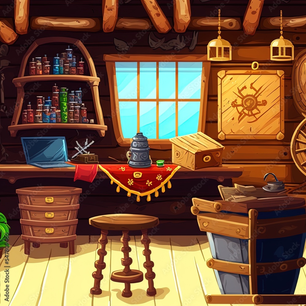 Pirate capitan ship cabin. Wooden room interior, game background with ...