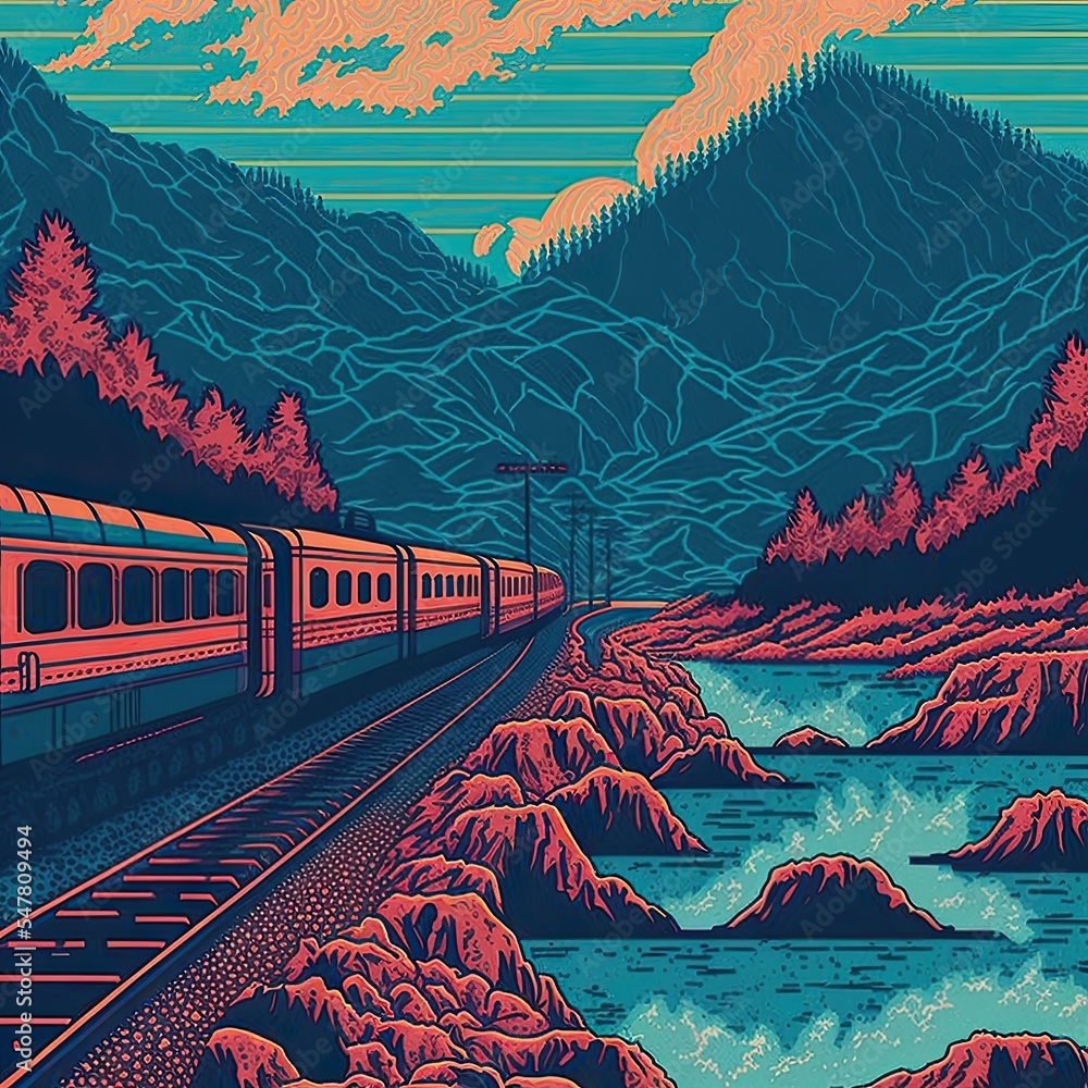 Illustration of a landscape of mountains and river with traveling train, texture in cold colors