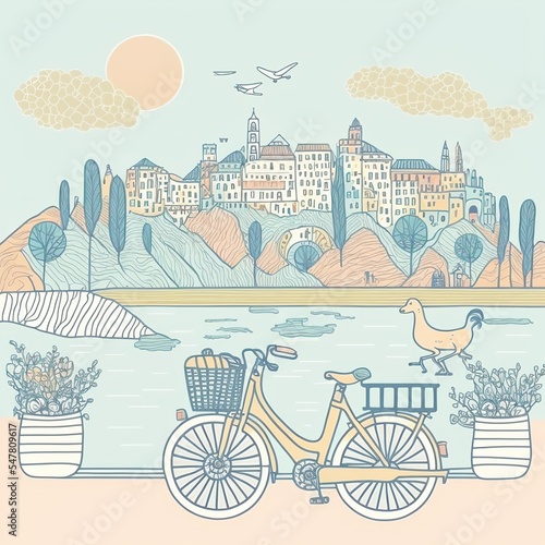 Beautiful illustration of a bicycle front of the city in the mountains across the lake 