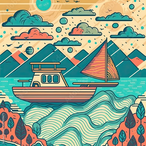 Illustration of a retro sea landscape with two boats at sunset with a cloudy sky