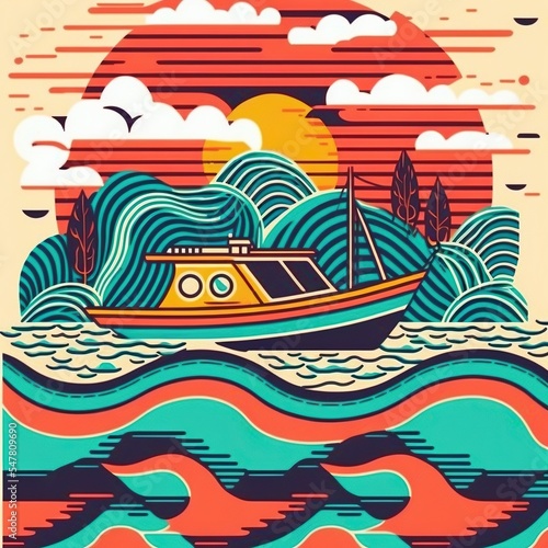 Beautiful illustration of a colorful boat in the sea in a retro style 