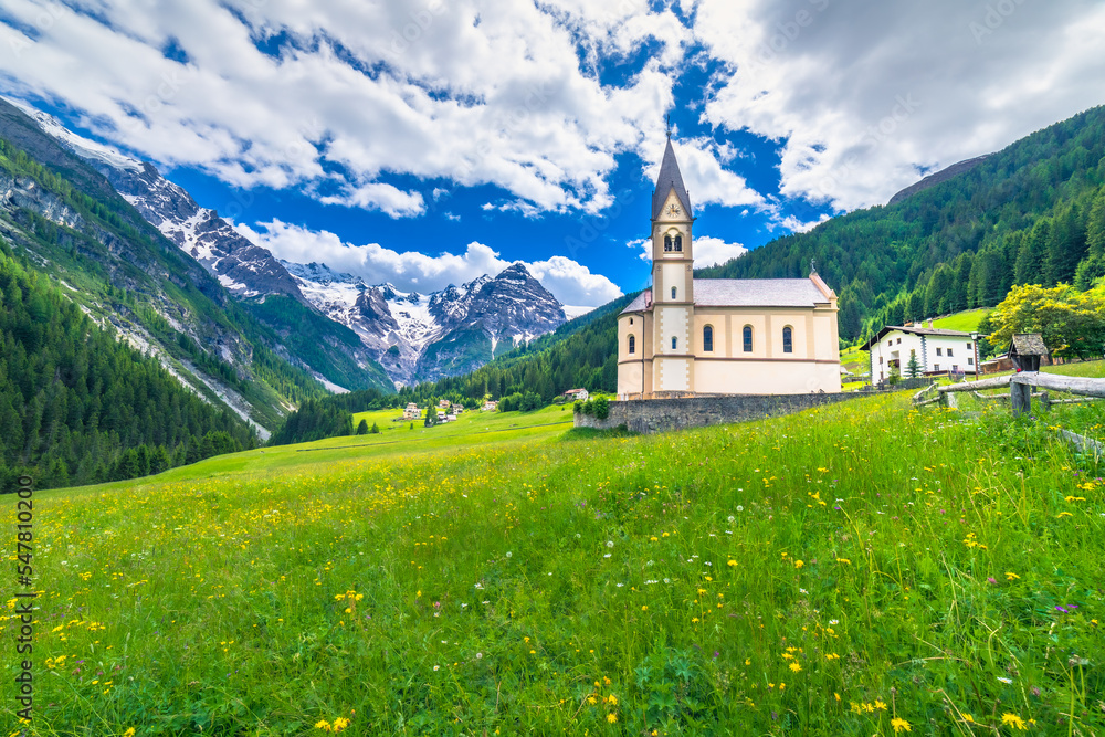 Fototapeta premium Church and Stilfs village in Idyllic Passo dello Stelvio, South Tyrol alps