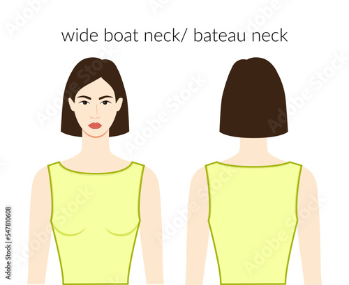 Wide boat bateau neckline clothes character beautiful lady in yellow top, shirt, dress technical fashion illustration. Flat apparel template front, back sides. Women, men unisex CAD mockup