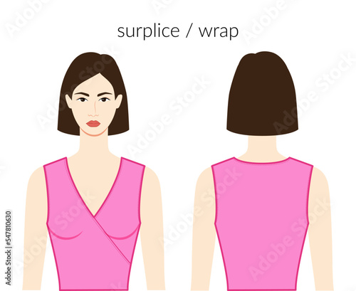 Surplice wrap neckline clothes character beautiful lady in pink top, shirt, dress technical fashion illustration with fitted body. Flat apparel template front, back sides. Women, men unisex CAD mockup