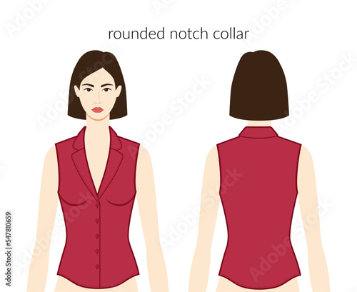 Rounded notch collar neckline placket clothes character beautiful lady in burgundy top, shirt, dress technical fashion illustration with fitted body. Flat apparel template front back sides. Women, men