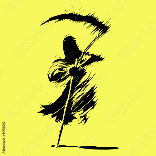 Hand Inked Grim Reaper Illustration.  Black death monster with scythe for halloween concept.