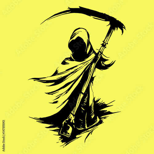 The image of death in black clothes with a scythe in his hands, a black hood. Grim reaper.  Black death monster with scythe for halloween concept.