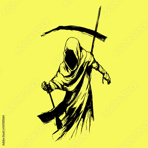 illustration grim reaper cartoon vector for merchandise sticker and clothing line brands.  Black death monster with scythe for halloween concept.