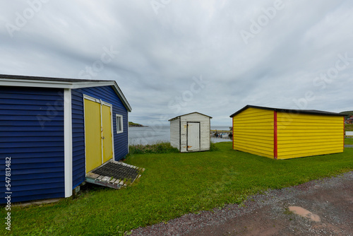 Multiple colorful wooden beach huts on vibrant green grass. The small buildings are yellow, blue, red, and white colored. The blue shed has a vibrant double yellow door with a ramp up the door. © Dolores  Harvey