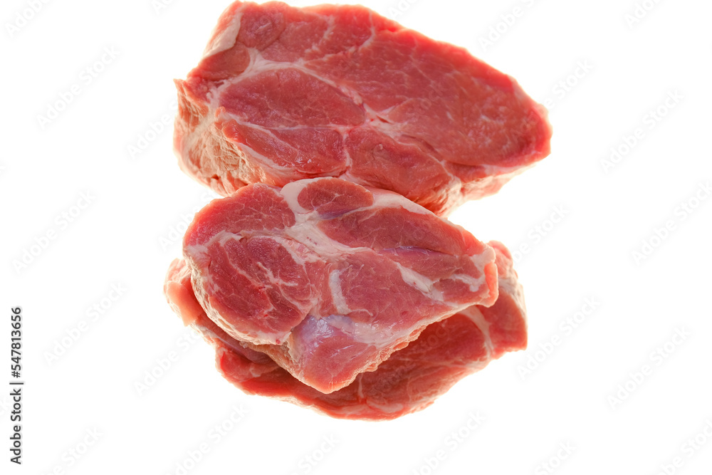 piece of meat isolated on white background. Pork fresh pieces set on white background.Farm organic bio meat.Protein nutrition.