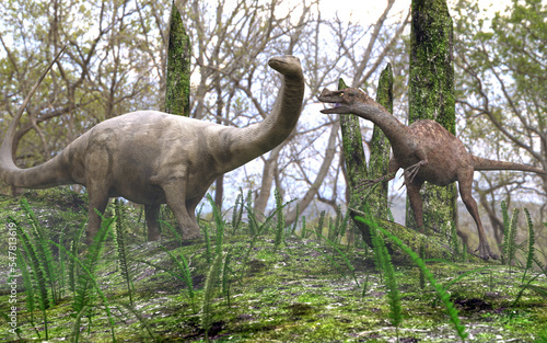 A 3D illustration of Dinosaurs in a forest. The young Brontosaurus is startled by a hungry Ornitholestes out hunting.