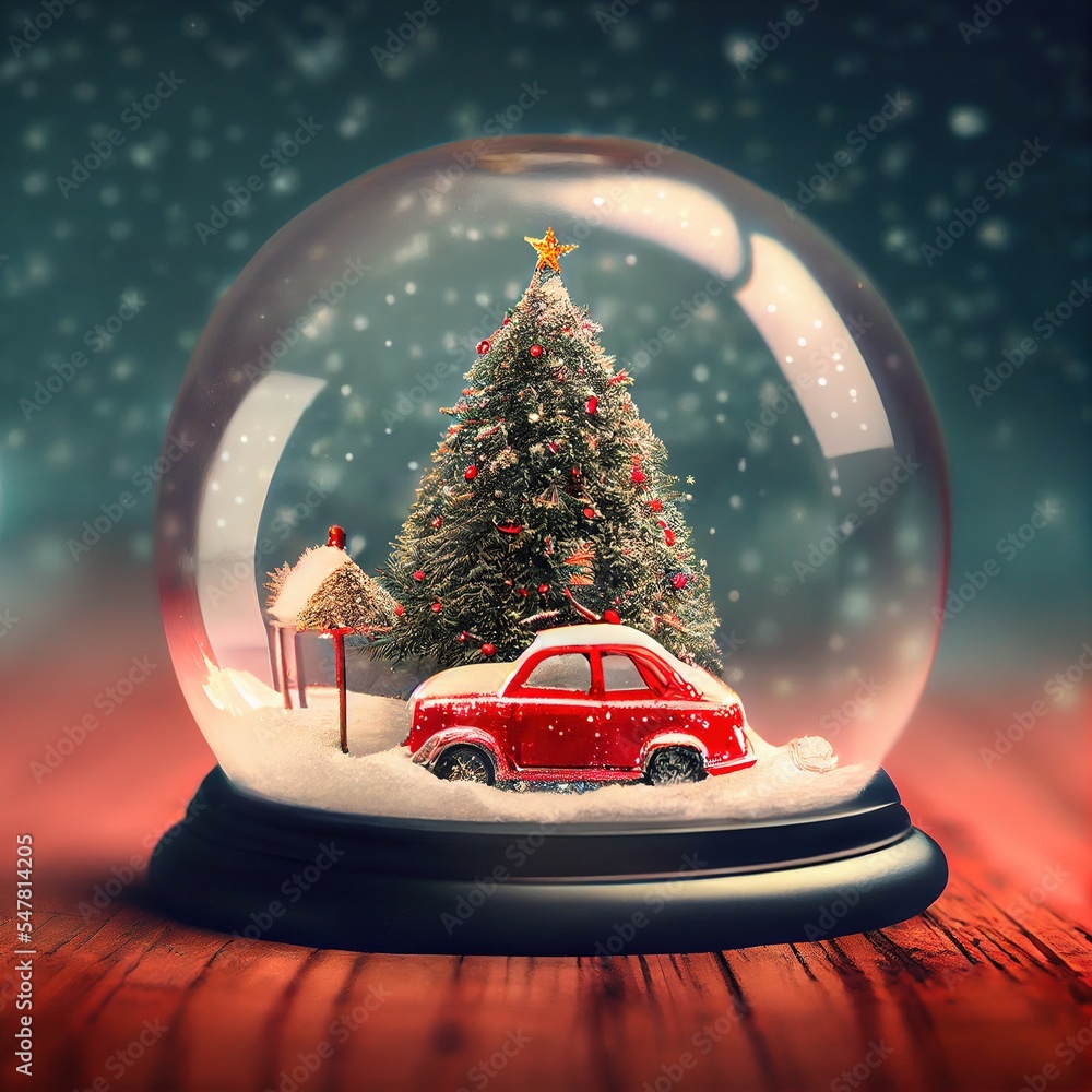 Red car snow globe with a Christmas tree on the roof. Generative AI ...