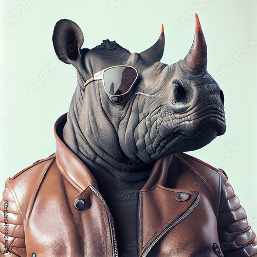 portrait of a rhino in shades and leather jacket, cool rhinoceros. Generative AI Illustration