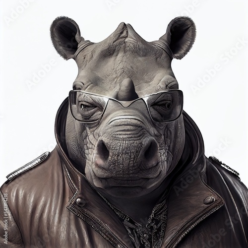 portrait of a rhino in shades and leather jacket, cool rhino