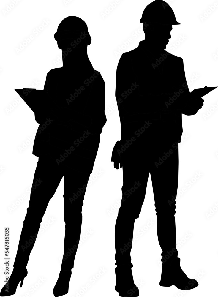 Silhouette set of female and male workers holding clipboard and wearing ...