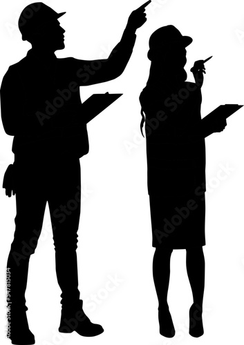 Silhouette set of female and male workers holding clipboard and wearing helmet and a vest. Hand-drawn vector illustration isolated on white. Full length view