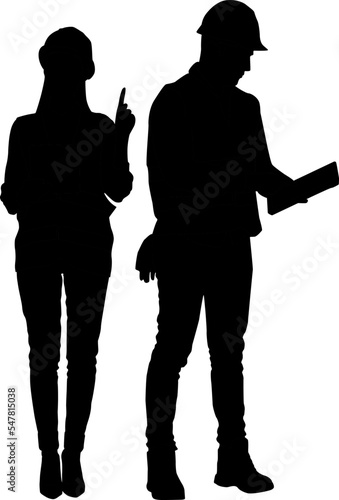 Silhouette set of female and male workers using a digital tablet and pointing with a finger wearing a helmet and a vest. Hand-drawn vector illustration isolated on white. Full length view