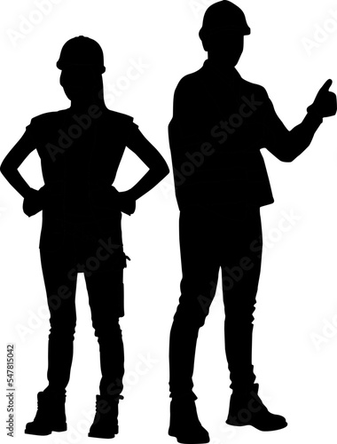 Female worker wearing a helmet, vest, and tool belt. Male construction worker showing thumb up wearing helmet and vest. Silhouette set vector illustration isolated on white. Full length 