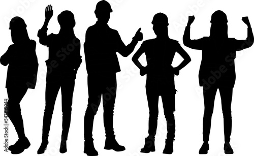 Silhouette set of male and female workers with helmets and vests. Vector flat style illustration isolated on white. Full length view