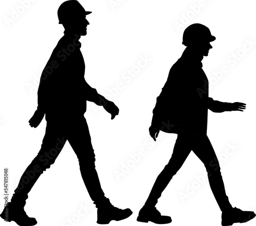 Silhouette set of male and female worker walks wearing a helmet and a vest. Vector illustration isolated on white. Full length view