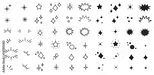 Set de ilustraciones decorativas dibujadas a mano de brillos, estrellas y destellos color negro. Vector