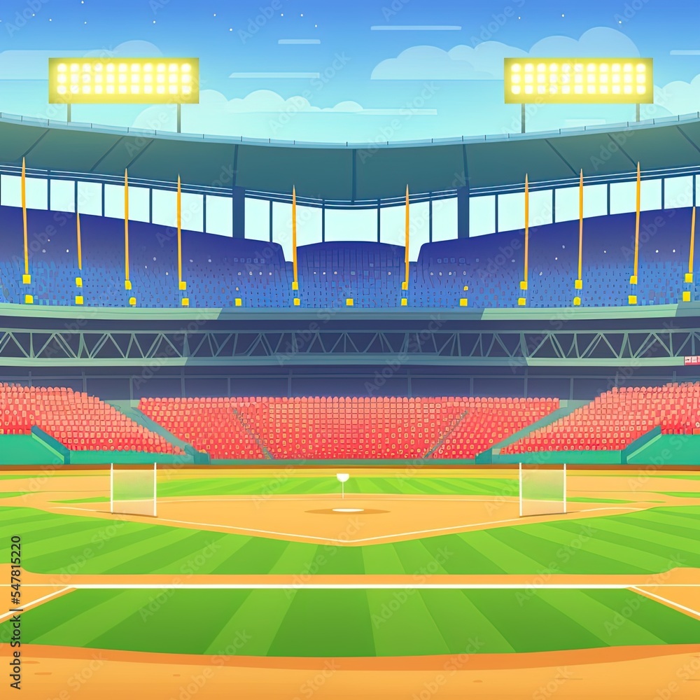 Baseball Stadium View, Banner In Flat Cartoon Design. Sports Center 