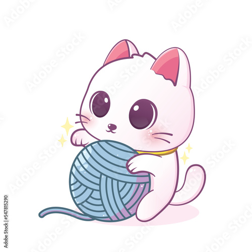 cute cat with big blue yarn ball