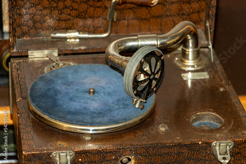 Close-up view of a gramophone in a open box