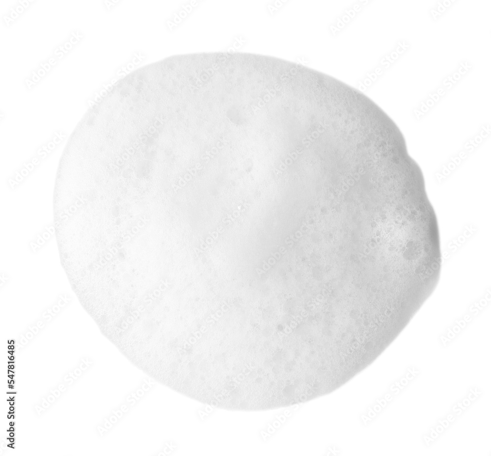 Fototapeta premium Drop of fluffy soap foam isolated on white, top view