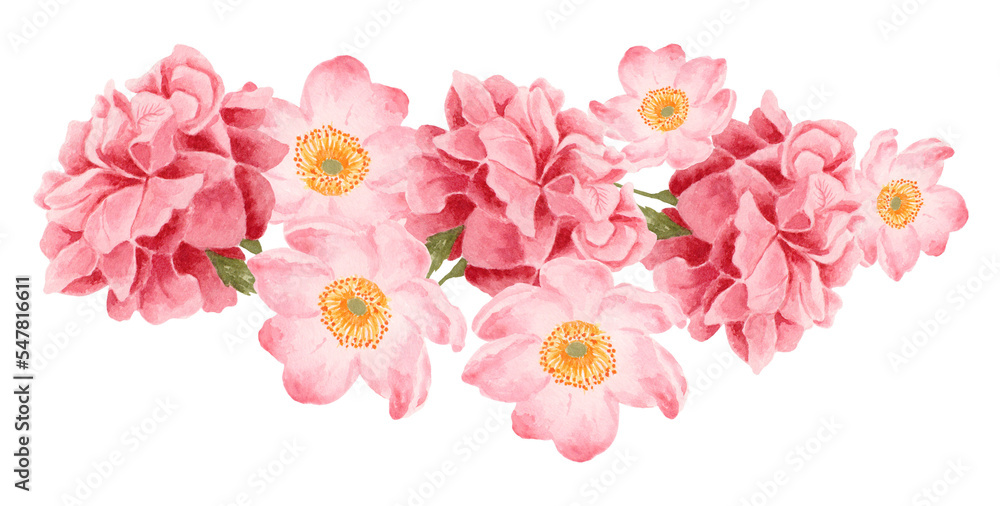Watercolor pink and magenta rose flower bouquet arrangement