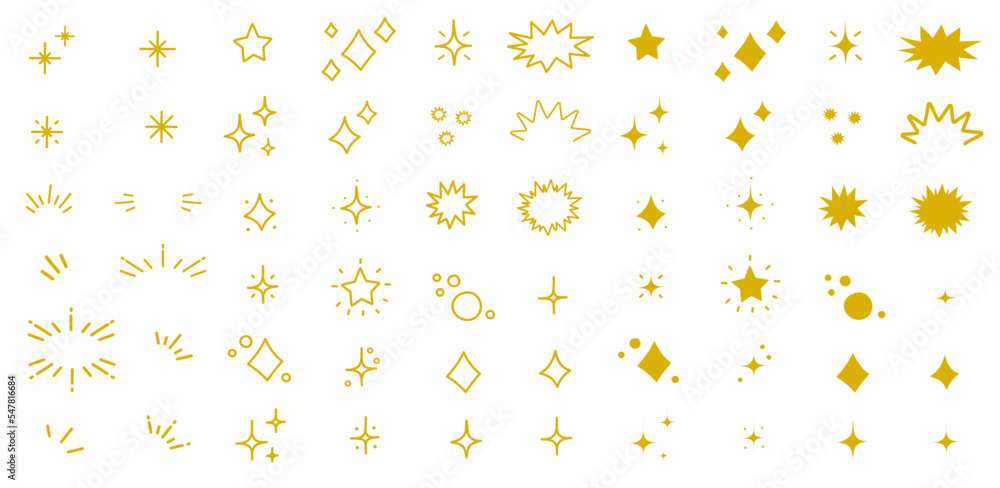Set de ilustraciones decorativas dibujadas a mano de brillos, estrellas y destellos color dorado. Vector