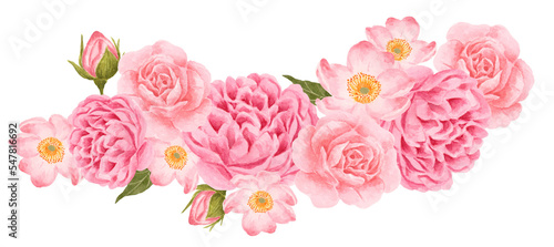 Watercolor pink rose and peony flower bouquet arrangement