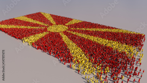 A Crowd of People congregating to form the Flag of North Macedonia. North Macedonian Banner on White. photo