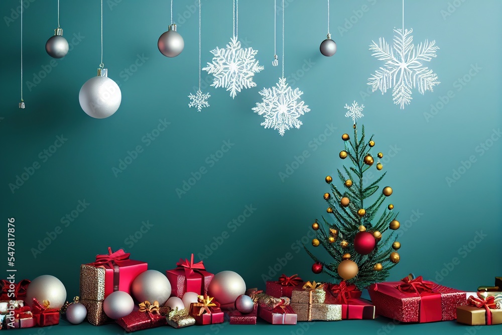 christmas background with christmas tree, balls, snowflakes, gifts, boxes, presents, green background