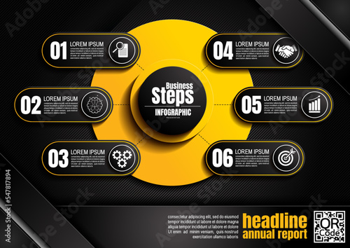 infographics design, circle and square 6 process chart diagram template for presentation workflow, abstract timeline elements, flow chart business yellow and black color layout concept