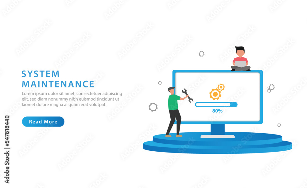 Obraz premium System maintenance concept. The process of upgrading to system update, replacing the newer version and installing the program. Vector illustration