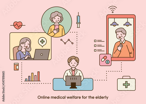 Elderly patients are receiving online non-face-to-face treatment. A doctor working on a computer and a patient on the screen connected to it. outline simple vector illustration.
