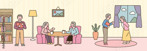 Inside a cozy nursing facility. The elderly are living a comfortable and enjoyable old age together. outline simple vector illustration.