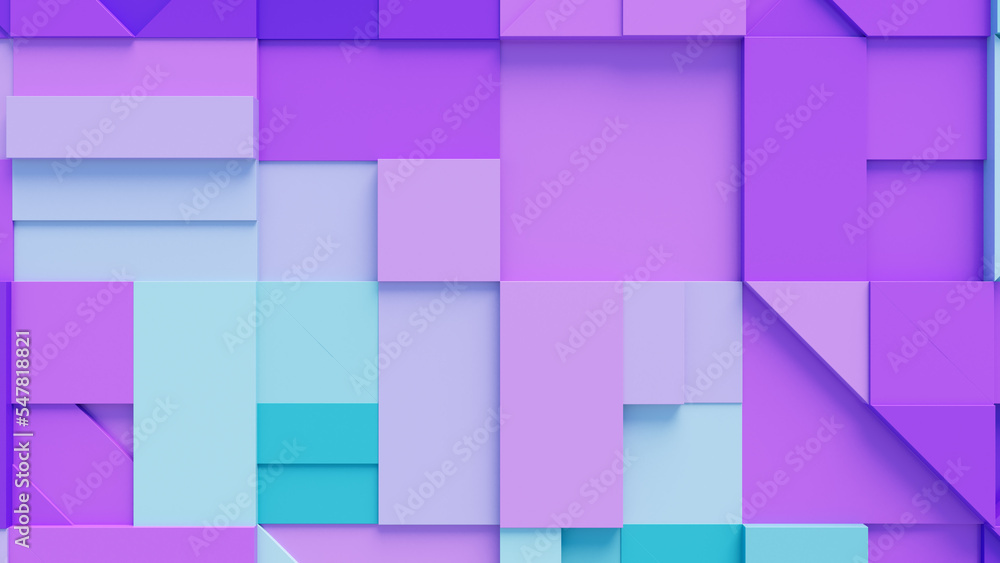 Various 3D Blocks neatly organized to make a wall. Turquoise and Purple Futuristic background . Various 3D Blocks neatly organized to make a wall. Turquoise and Purple Futuristic background .