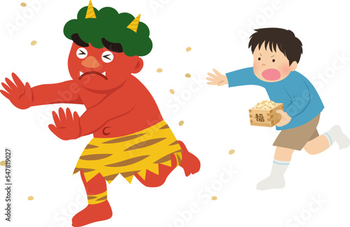 豆まきする男の子と逃げる赤鬼_節分_ベクターイラスト
